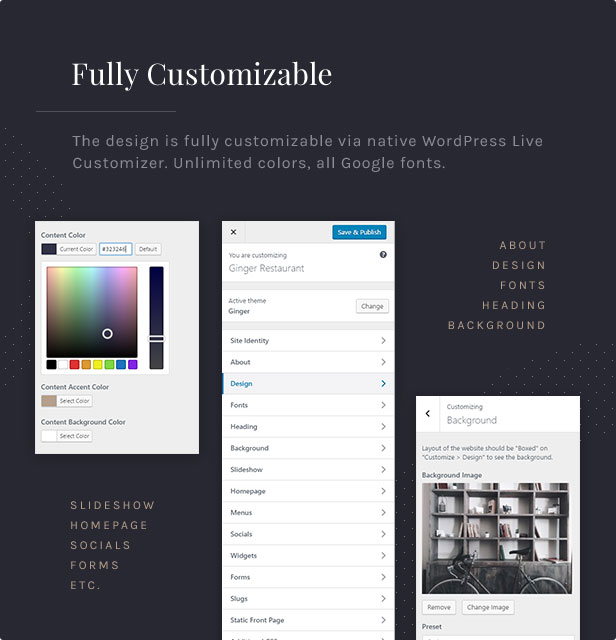 Fully Customizable: The design is fully customizable via native WordPress Live Customizer. Unlimited colors. All 800+ Google fonts.